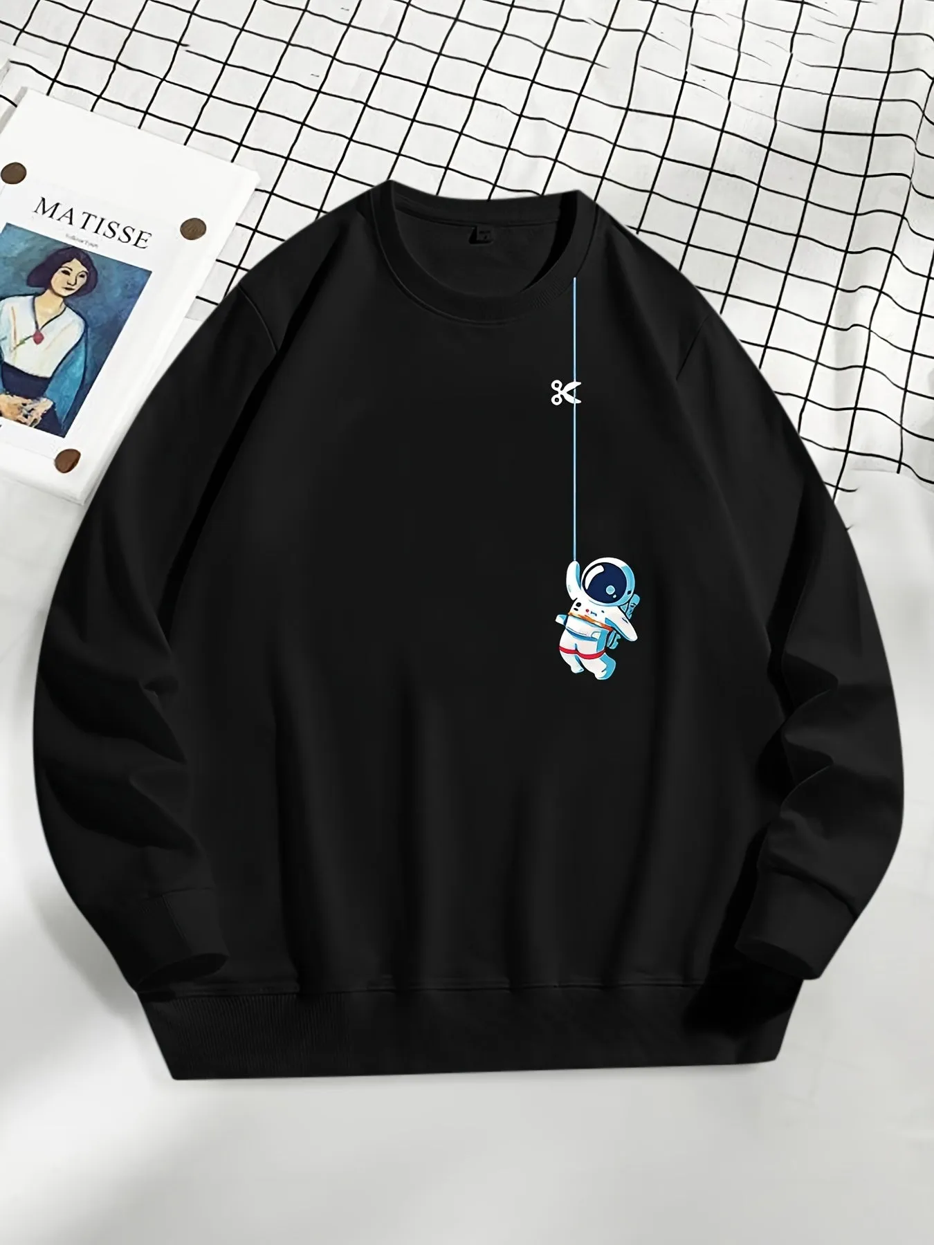 Casual Solid Color Cartoon Astronaut Print Crew Neck Long Sleeve Pullover Sweatshirt