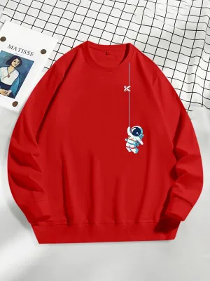 Casual Solid Color Cartoon Astronaut Print Crew Neck Long Sleeve Pullover Sweatshirt