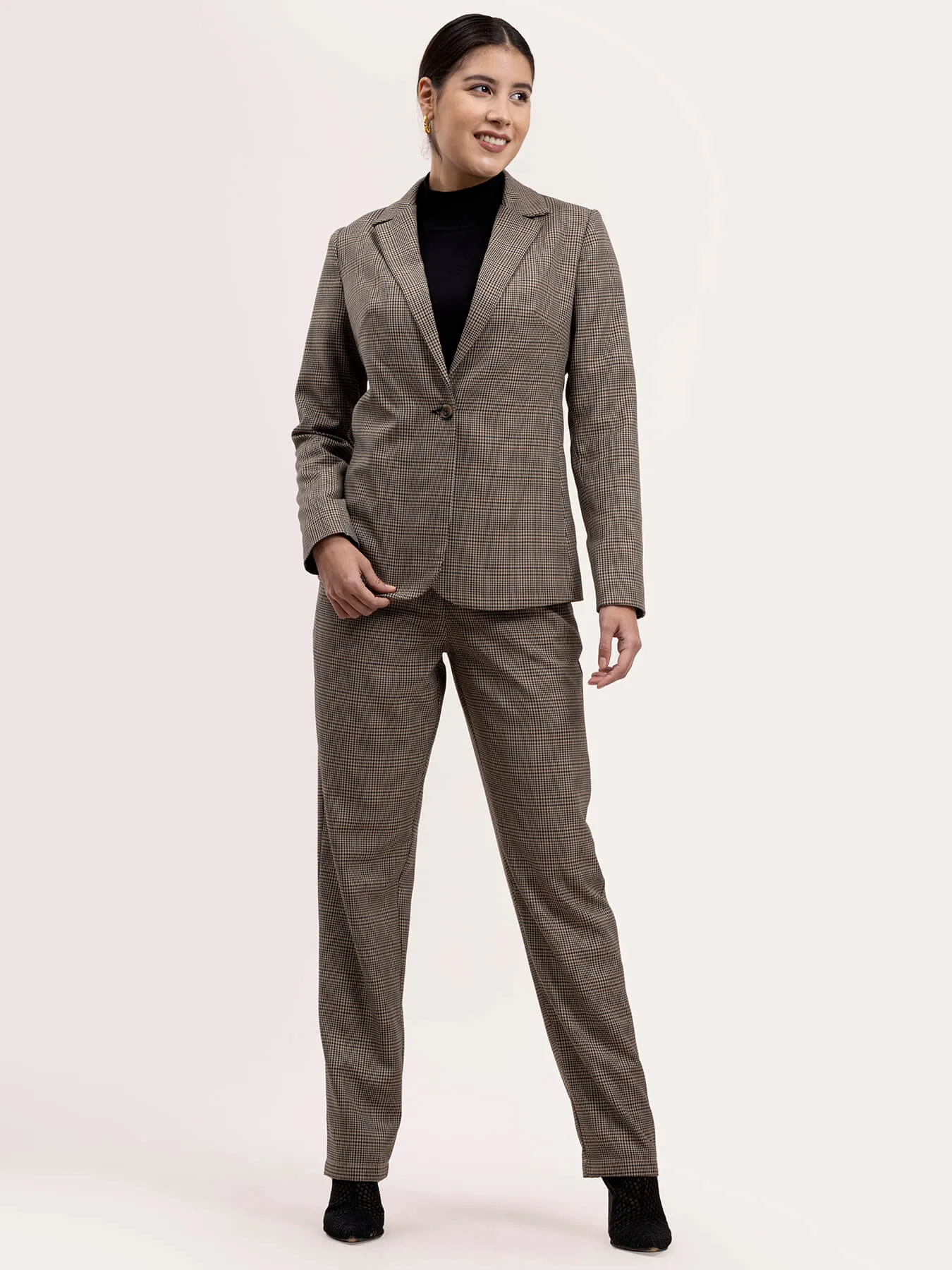 Checkered Single Brested Blazer - Brown and Black