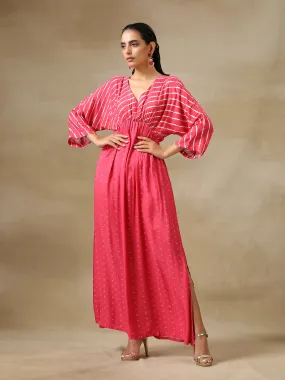 Pink Bandhani Printed Silk Drop Shoulder Dress | Relove